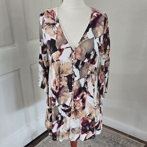 entro Floral V-Neck Tunic Dress in White, Beige, Brown & Burgundy